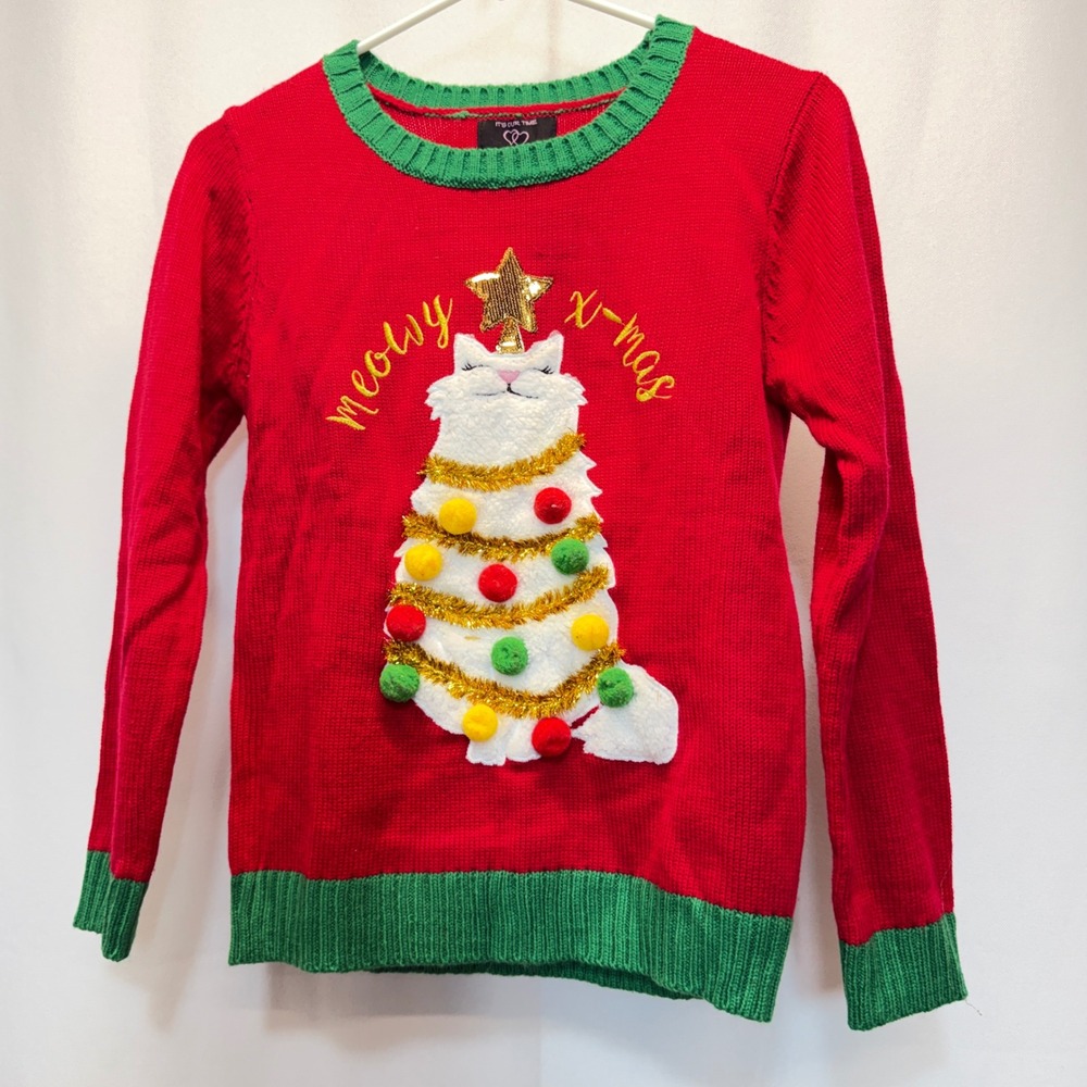 It's Our Time Sweater Kids XL Red Meowy X-mas Cat Ugly Christmas Sweater